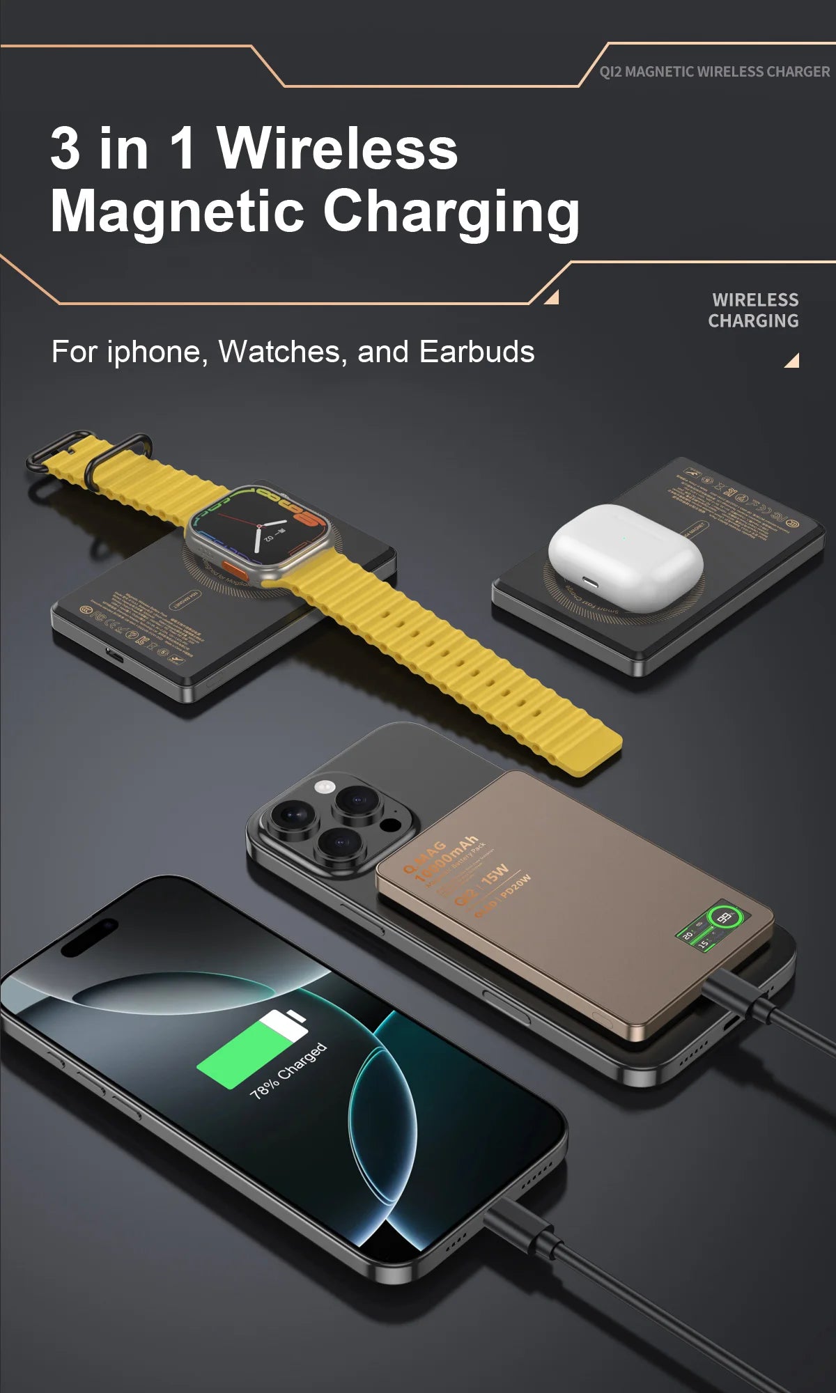 Magnetic 3-in-1 Wireless Power Bank | Fast Charging & LCD Display | For iPhone & Apple Watch & AirPods