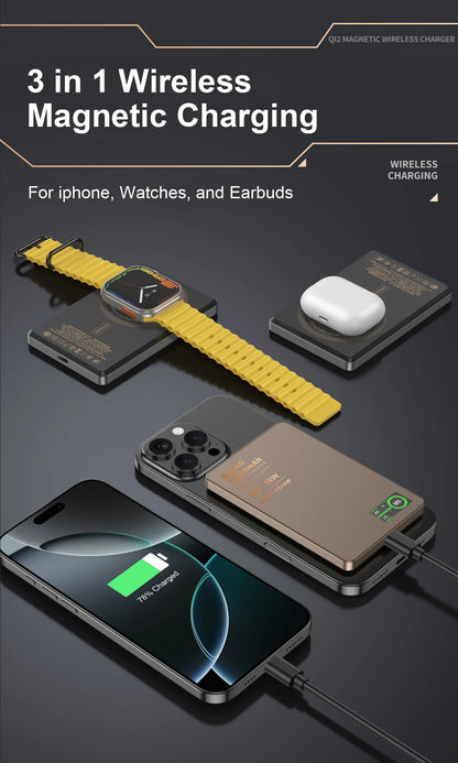 Magnetic 3-in-1 Wireless Power Bank | Fast Charging & LCD Display | For iPhone & Apple Watch & AirPods
