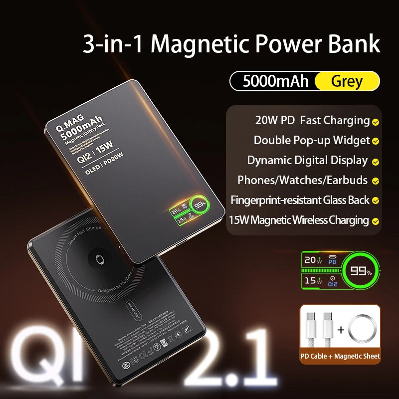 Magnetic 3-in-1 Wireless Power Bank | Fast Charging & LCD Display | For iPhone & Apple Watch & AirPods