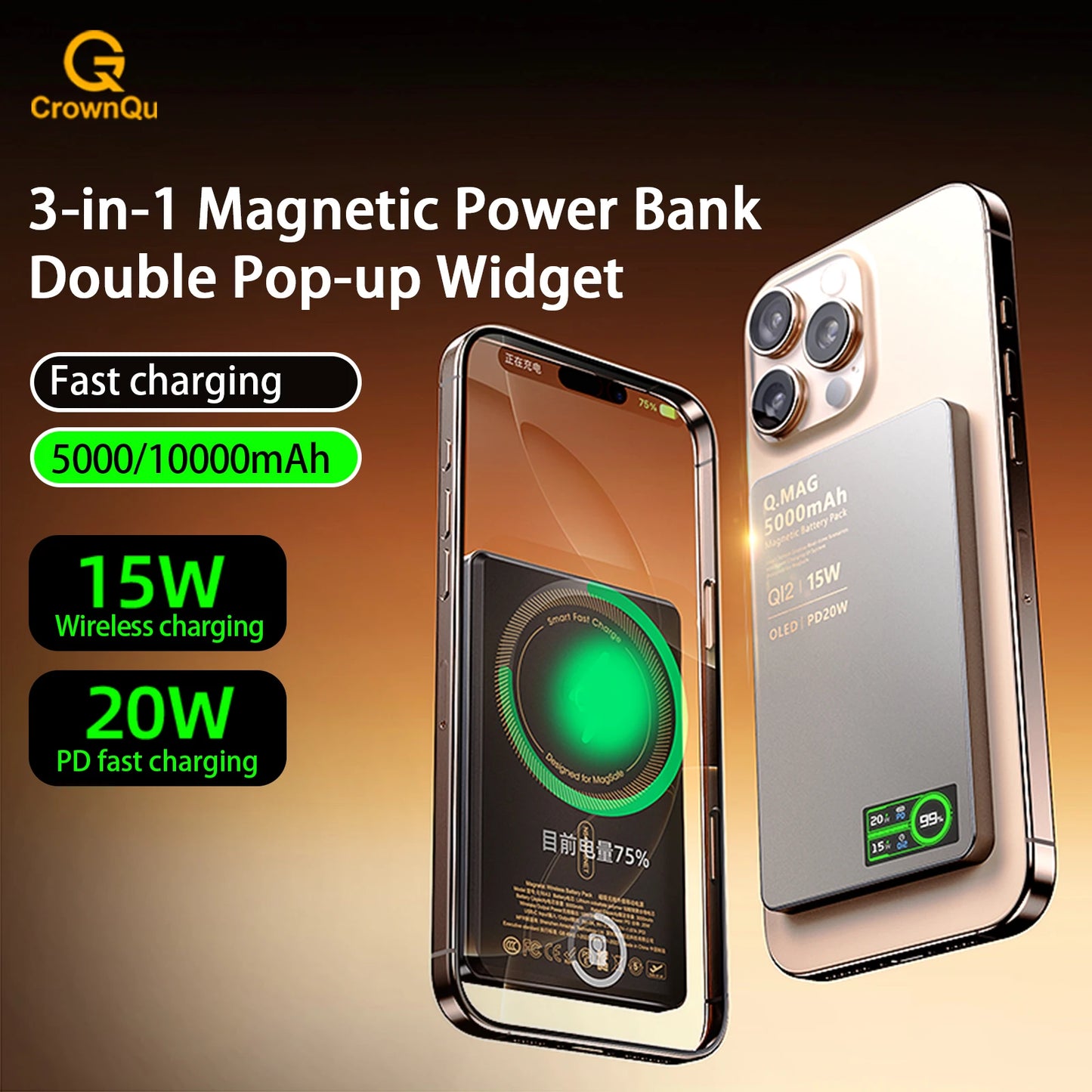 Magnetic 3-in-1 Wireless Power Bank | Fast Charging & LCD Display | For iPhone & Apple Watch & AirPods